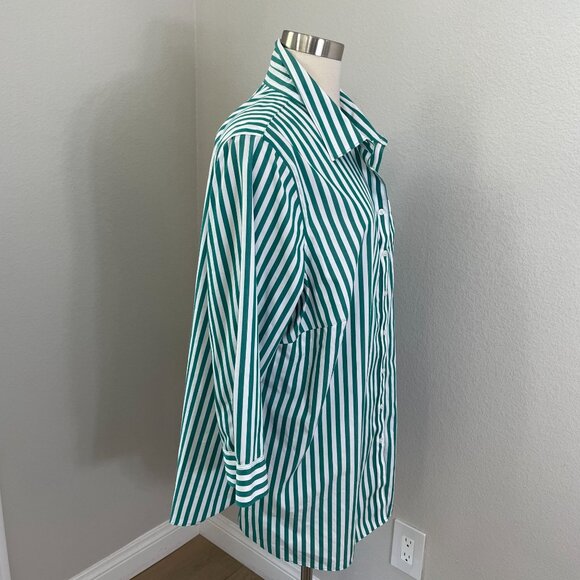 Lands End Womens Plus 18W No Iron Supima Cotton Green White Striped Shirt Blouse - Picture 3 of 10